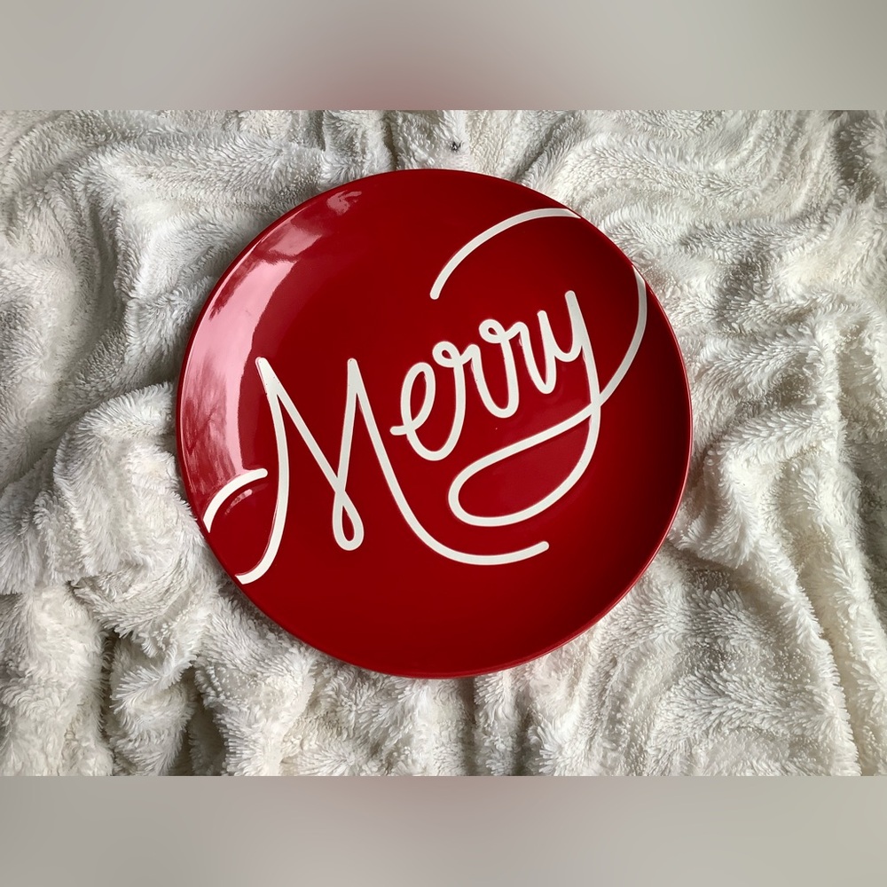 Hallmark red “Merry” holiday plate. Microwave, dishwasher safe. Never used.